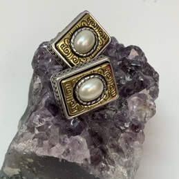 Designer Brighton Two-Tone White Crystal Stone Rectangle Stud Earrings