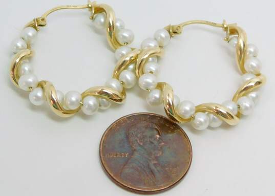 10K Gold White Pearls Beaded & Twisted Hoop Earrings 4.6g image number 5