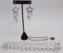 Artisan 925 Open Ovals Chain Necklace Flower Dangles Drop Earrings & Puffed Hearts Linked Bracelet 48.4g alternative image