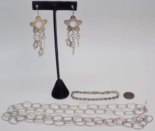 Artisan 925 Open Ovals Chain Necklace Flower Dangles Drop Earrings & Puffed Hearts Linked Bracelet 48.4g image number 2