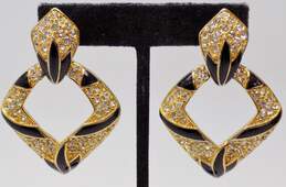 Vintage Bijoux Designs New York Goldtone Icy Rhinestones & Black Enamel Drop Statement Clip On Earrings 32.4g