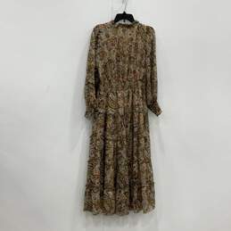Womens Brown Paisley Long Sleeve V-Neck Smocked Tiered Maxi Dress Size M