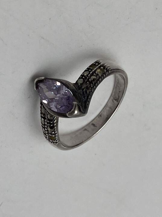 Womens Designer Round Shape Purple Amethyst Silver Ring Size 8 4.1g image number 1