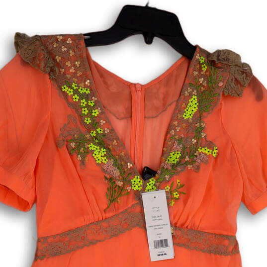 Womens Orange Embroidered Short Sleeve V-Neck Mini Length A-Line Dress  XXS image number 3