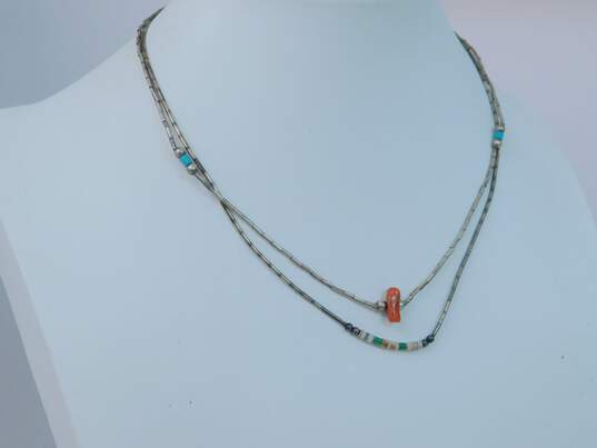 Southwestern Artisan 925 Coral Turquoise & Shell Necklaces 6.2g image number 2