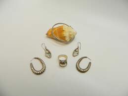 Artisan 925 Butterfly Wing Drop & Puffed Ridged Oblong Post Earrings Chunky Modernist Dome Ring & Bangle Bracelet 26.6g