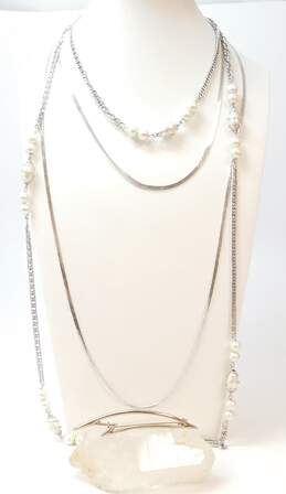 Vintage Sarah Coventry & Monet Silvertone Faux Pearls Curb Station & Herringbone Chain Layering Necklaces & Abstract Brooch 65.4g