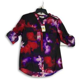 NWT Calvin Klein Womens Multicolor Floral Roll Tab Sleeve Button-Up Shirt Size M