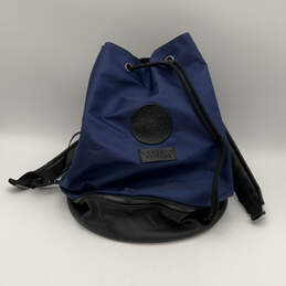 Womens Blue Black Leather Adjustable Shoulder Strap Drawstring Backpack