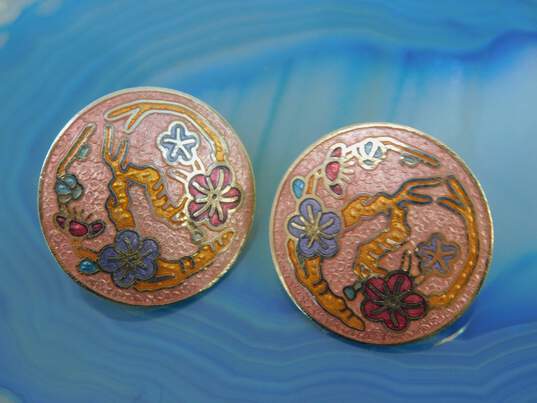 Artisan Goldtone Cloisonne Colorful Enamel Flowers & Butterflies Locket Pendant & Cherry Blossom & Lily Post Earrings 52.9g image number 4