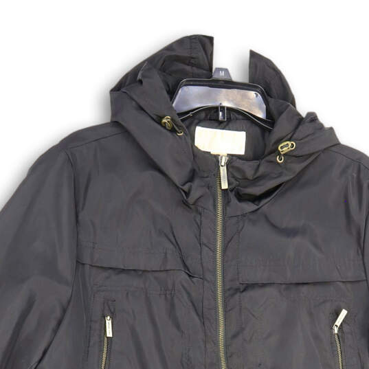 Womens Black Long Sleeve Flap Pocket Hooded Full-Zip Rain Coat Size Large image number 3