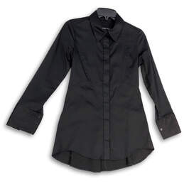 Womens Black Long Sleeve Spread Collar Button Front Shirt Dress Size 00