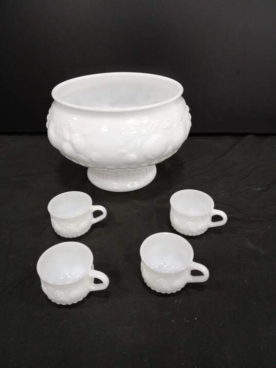 Milk Glass Fruit Themed Punch Bowl With 4 Matching Cups image number 3