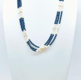 14K Gold Clasp & Ball White Freshwater Pearls & Onyx Beaded Multi Strand Necklace 26.7g alternative image