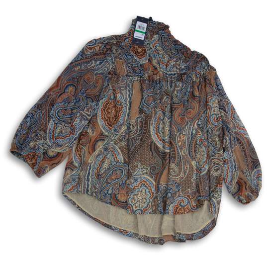 NWT Tommy Hilfiger Womens Orange Blue Floral Pleated Pullover Blouse Top Size L image number 1