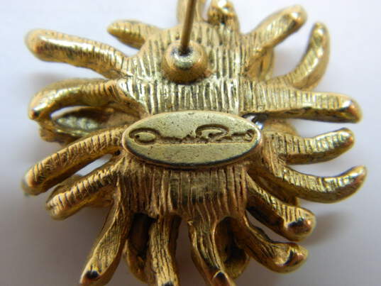 Vintage Oscar de la Renta Gold Tone & Pink Rhinestone Cabochon Flower Earrings 17.9g image number 6