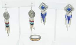 Carolyn Pollack & QT 925 Southwestern Lapis Lazuli Cabochon & Multi Faux Stone Beaded Tassels Concho Drop Earrings & Spiny Oyster Band Ring 14.1g