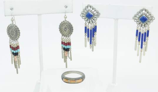 Carolyn Pollack & QT 925 Southwestern Lapis Lazuli Cabochon & Multi Faux Stone Beaded Tassels Concho Drop Earrings & Spiny Oyster Band Ring 14.1g image number 1