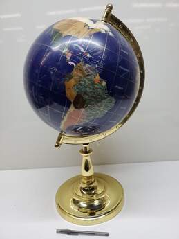 VTG Mineral Inlay Gemstones Globe On Brass Stand Approx. 13x24 in.