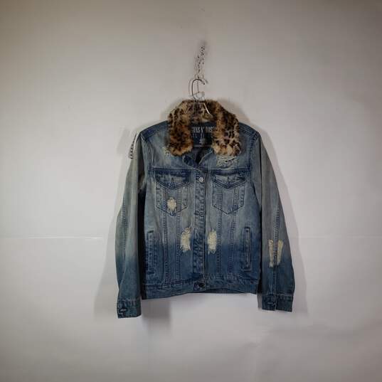 Womens Long Sleeve Button-Front Distressed Denim Jean Jacket Size Small image number 1