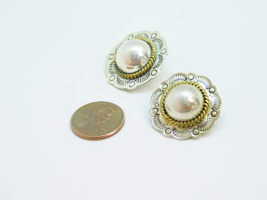 Taxco Mexico 925 Brass Accent Modernist Dome Stamped Scalloped Clip On Earrings image number 6