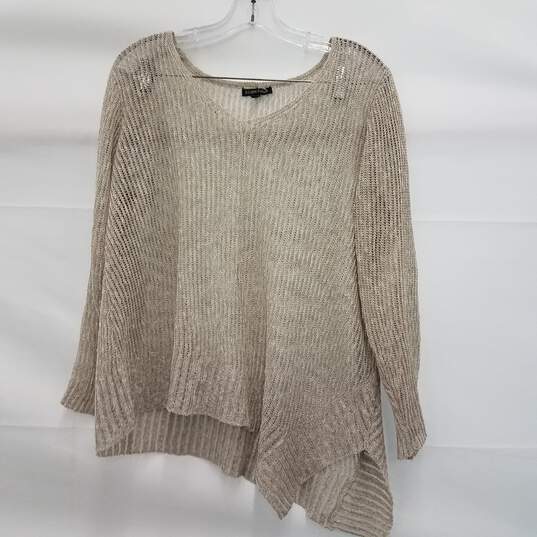Eileen Fisher Beige V-Neck Linen Cotton Blend Fishnet Sweater Size Medium image number 1