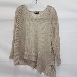 Eileen Fisher Beige V-Neck Linen Cotton Blend Fishnet Sweater Size Medium