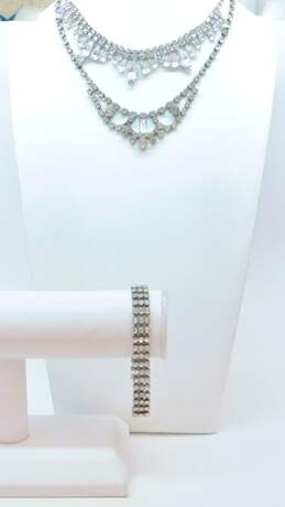 Vintage Silvertone Icy Clear Rhinestones Bib Necklaces & Chain Bracelet 53.5g