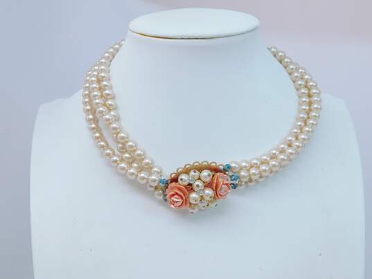 Vintage Floral Rhinestone & Faux Pearl Gold Tone Multi Strand Necklace & Screw Back Earrings 60.8g image number 4