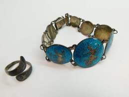 Vintage Guilloche Enamel Siam Sterling Panel Bracelet & Ring 37.2g