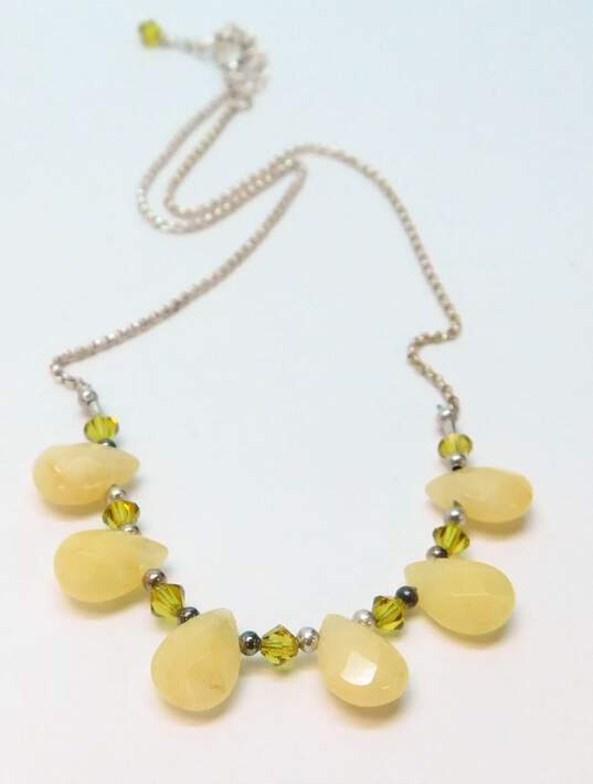 Artisan 925 Green Coin & Crystal Pearl Beaded Double Strand & Yellow Quartz Teardrops Chain Necklace & Matching Drop Earrings 48.7g image number 2