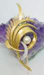 Elegant 18k Yellow Gold Diamond Accent & Pearl Brushed Leaf Spray Brooch Pin 13.4g image number 1