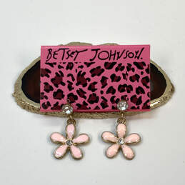 Designer Betsey Johnson Gold-Tone Pink Crystal Daisy Flower Drop Earrings