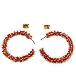 Designer J.Crew Gold-Tone Red Beaded Fashionable Push Back Hoop Earrings alternative image