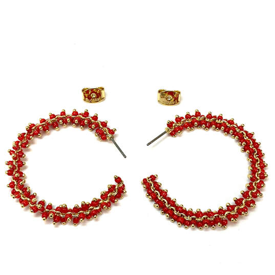 Designer J.Crew Gold-Tone Red Beaded Fashionable Push Back Hoop Earrings image number 2