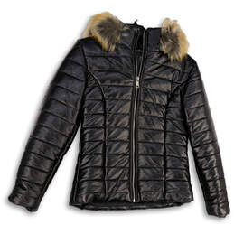Womens Black Faux Fur Trim Hooded Long Sleeve Full-Zip Puffer Jacket Size L