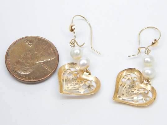 14K Yellow Gold Filigree Heart Pearl Earrings 1.5g image number 6