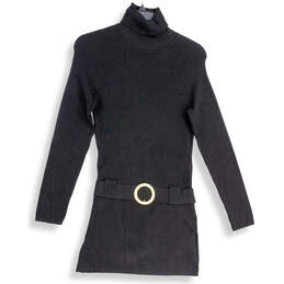 Womens Black Turtleneck Long Sleeve Belted Sweater Dress Size Medium