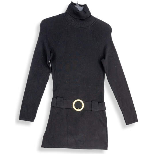 Womens Black Turtleneck Long Sleeve Belted Sweater Dress Size Medium image number 1