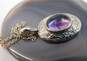 Artisan 925 Amethyst Cabochon Etched Floral Filigree Pendant Necklace & Bead Dotted Circle & Teardrop Drop & Flower Post Earrings 9.8g image number 2
