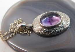 Artisan 925 Amethyst Cabochon Etched Floral Filigree Pendant Necklace & Bead Dotted Circle & Teardrop Drop & Flower Post Earrings 9.8g alternative image