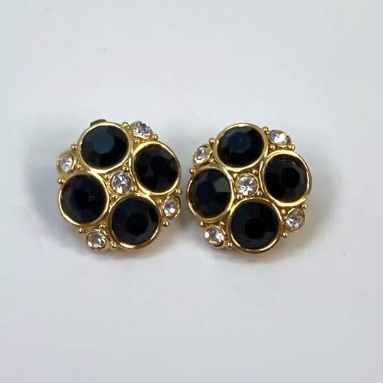 Designer Swarovski Gold-Tone Black Crystal Rhinestone Clip On Earrings image number 2