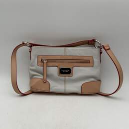 Tignanello Womens White Beige Leather Outer Pocket Zipper Crossbody Bag