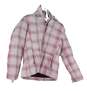 Womens White Pink Plaid Long Sleeve Full Zip Hooded Puffer Jacket Size Small image number 1