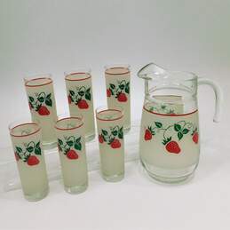 VNTG 1983 Teleflora Brand Strawberry Frosted Pitcher and Drinking Glasses (7)