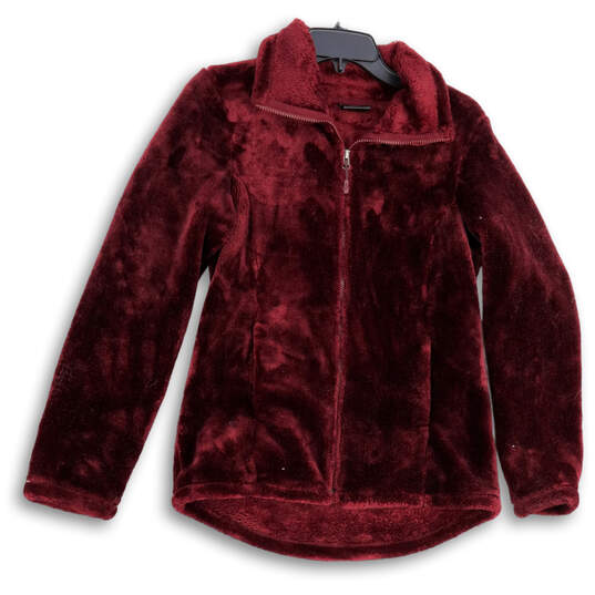 Womens Maroon Collared Pockets Full-Zip Winter Fleece Jacket Size Small image number 1