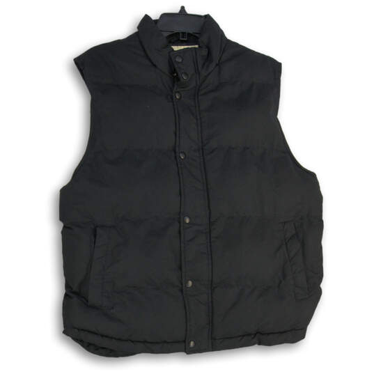 Mens Black Mock Neck Pockets Snap Front Puffer Vest Size Large image number 1