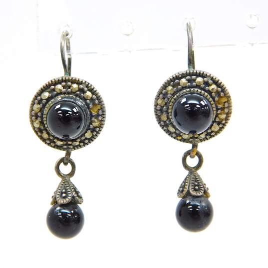 Artisan 925 Marcasite & Onyx & Inlay Rectangle Drop & Stud Post Earrings 9.8g image number 4