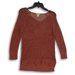 Womens Red Crochet Long Sleeve Side Slit V-Neck Pullover Sweater Size S