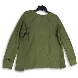 Womens Green Waffle Knit Side Slit Long Sleeve V-Neck Pullover Sweater Sz L alternative image